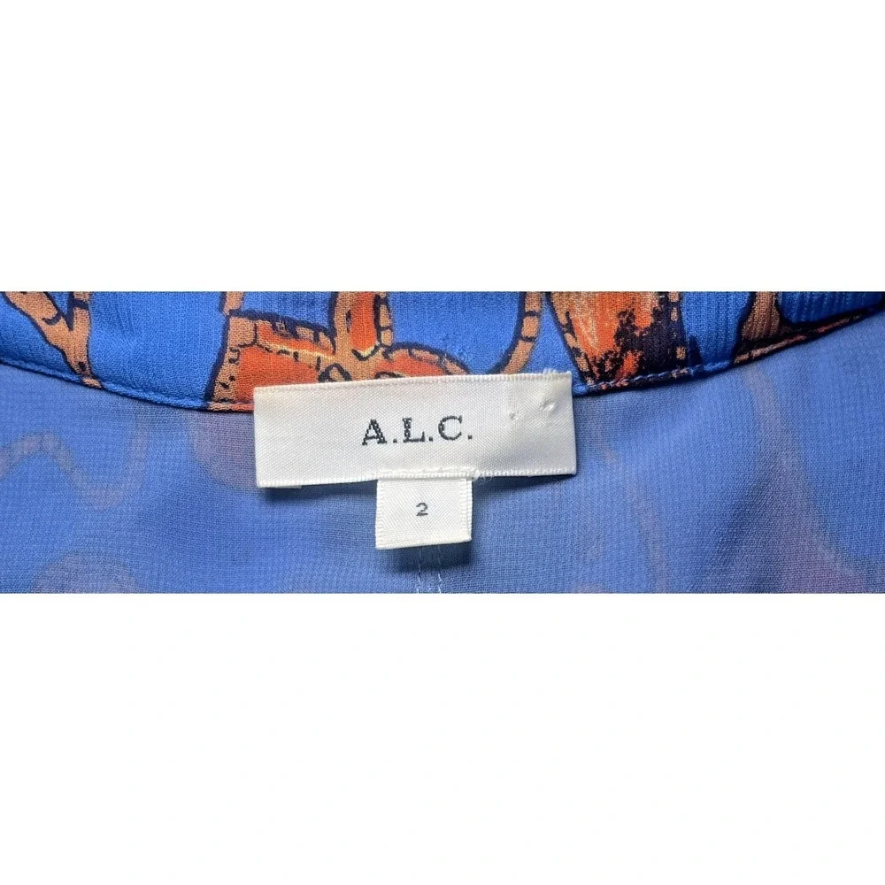 A.L.C. 100% Silk Ruffle Sleeve Blouse Size 2 Blue Orange Abstract Print Top - Picture 5 of 8